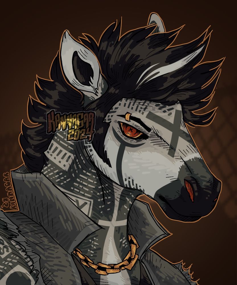 A drawing of Dean The Zebra, belonging to @Hallows.Rip. His stripes resemble a simplified version of newsprint, and he has a serious expression on his face. He wears a gold chain around his neck. 