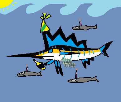 a crudely drawn image i ms paint of a blue marlin in a party hat holding a beer. there are 3 sardines with birthday candles on them.
