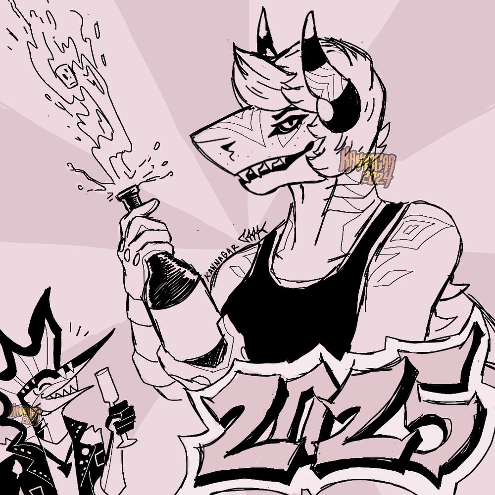 A sketchy drawing of a shark-like anthropomorphic character with horns and a full head of short hair smiling at the viewer popping a bottle of champagne my new sona, Vinny the blue marlin stands in the corner patiently waiting with an empty glass. In the bottom right corner, it has “2025” drawn in stylistic numbers.