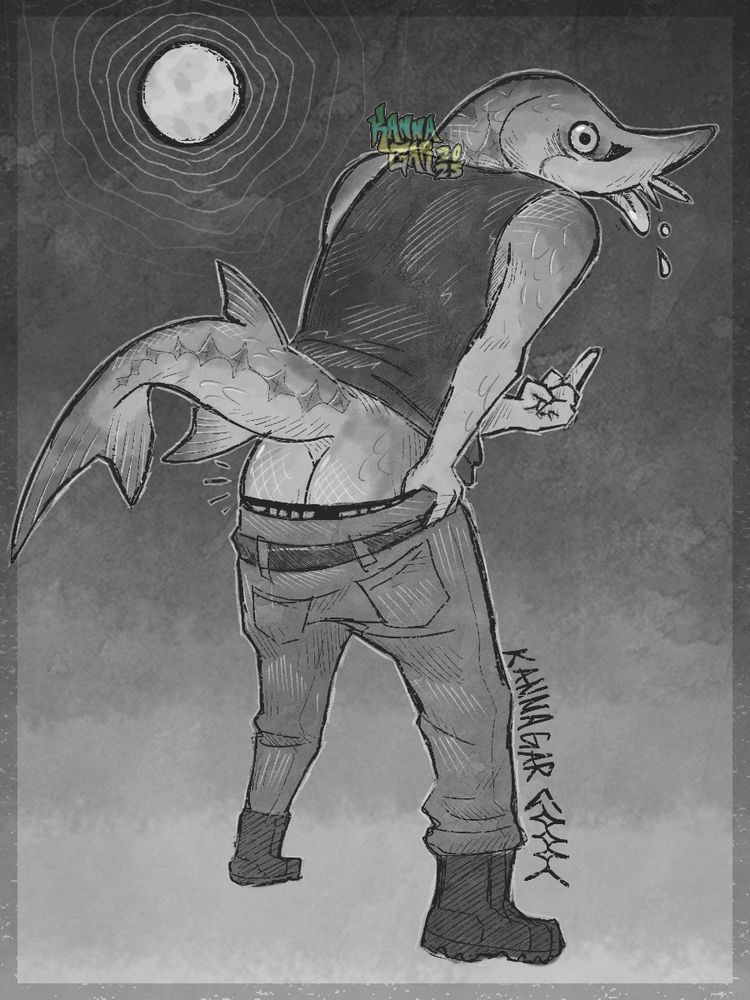 A black and white drawing of an anthro sturgeon mooning the viewer, and flipping them off. Their expression is blank, but their tongue is also sticking out. There’s a full moon in the background. The drawing is fairly textured. 
