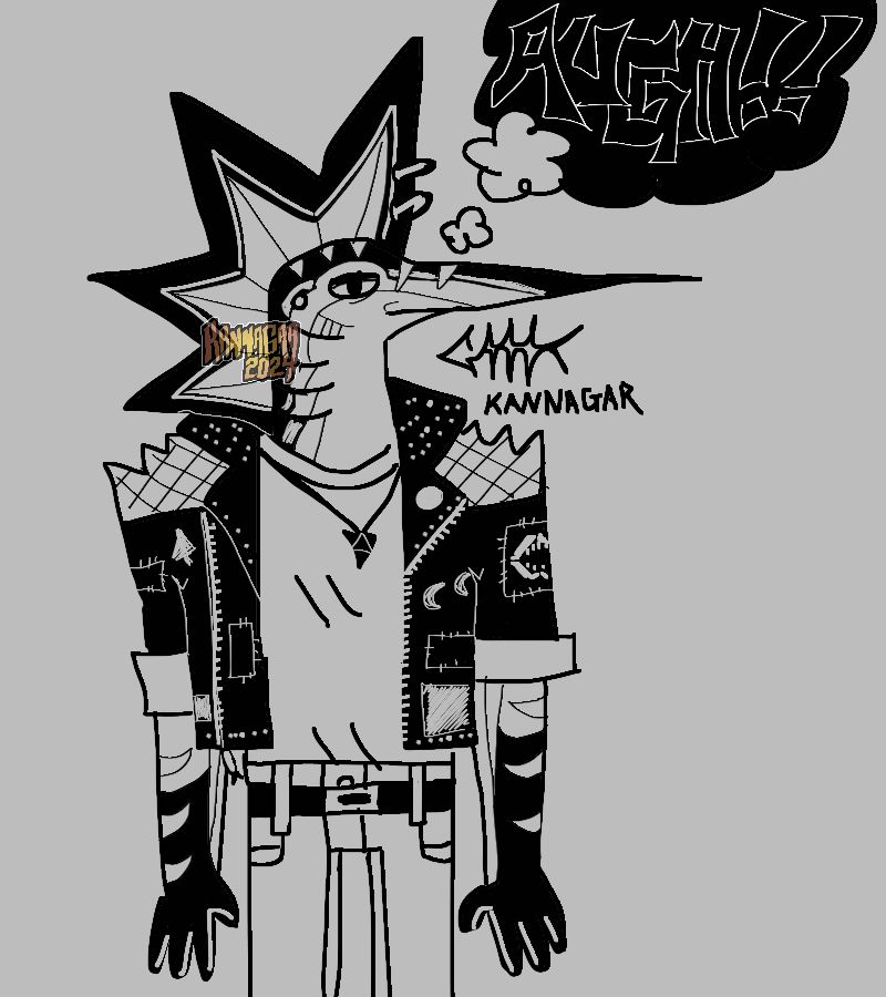 A black and white drawing of an anthropomorphic blue marlin with a punk rock style. Drawn crudely in black with a light grey background. Their expression looks tired. There’s a thought bubble that reads “AUGH!!”
