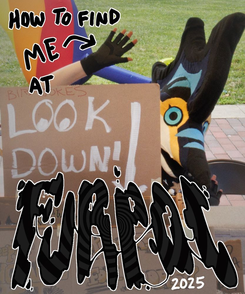 A photo of me posing behind a piece of cardboard, letters digitally written over the image “how to find me at Furpoc”