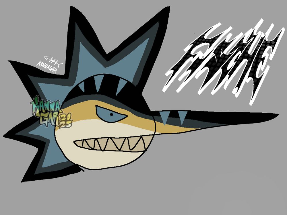 A crudely drawn image of my blue marlin fursona’s head next to some stylized letters that spell “fische”