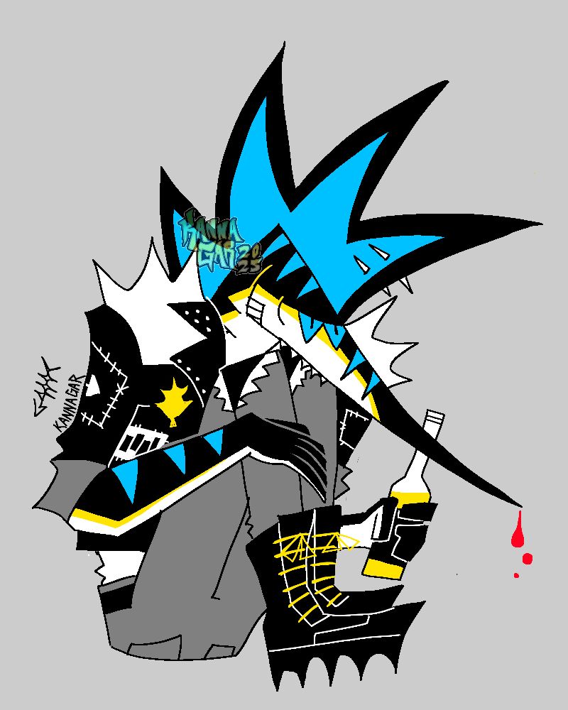 A drawing of my blue marlin fursona with bold colors, such as black, white, blue, yellow and a few drops of red on the end of their bill. They’re sitting, hugging their legs and holding a beer in their other hand. There are exaggerated shapes to bring out the sharp qualities of the character.