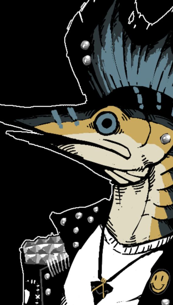 A cropped drawing of my blue marlin fursona looking at the viewer. It has a very default fish-faced expression. They are wearing a studded jacket 