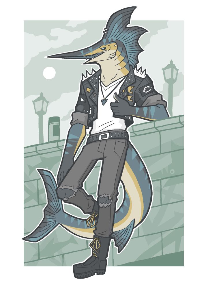 An anthro blue marlin character, in a battle jacket, ripped jeans, leanings on a brick wall with subtle painted fish and oceanic themes on it. There is also a can of spray paint in the wall. The character is giving a thumbs up.