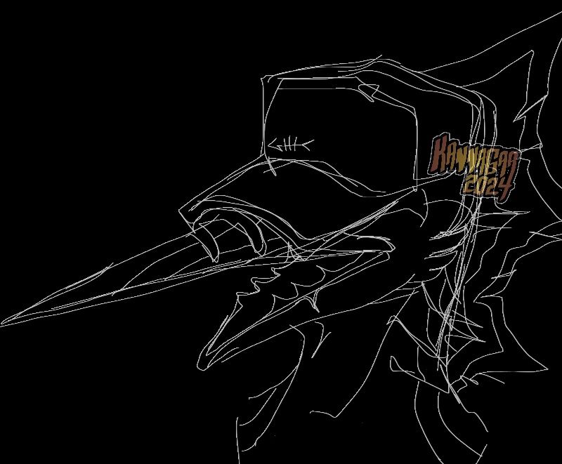 A loose headshot drawing of my Blue Marlin fursona, white lines on a black background. The lines are unrefined and almost continuous into one another. They’re wearing a hat that covers their eyes