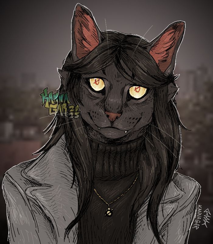 An anthro black cat character belonging to my friend @Nyx.pet. She has long dark hair, with a black sweater and light grey coat overtop. She is gazing at the viewer and smiling gently 