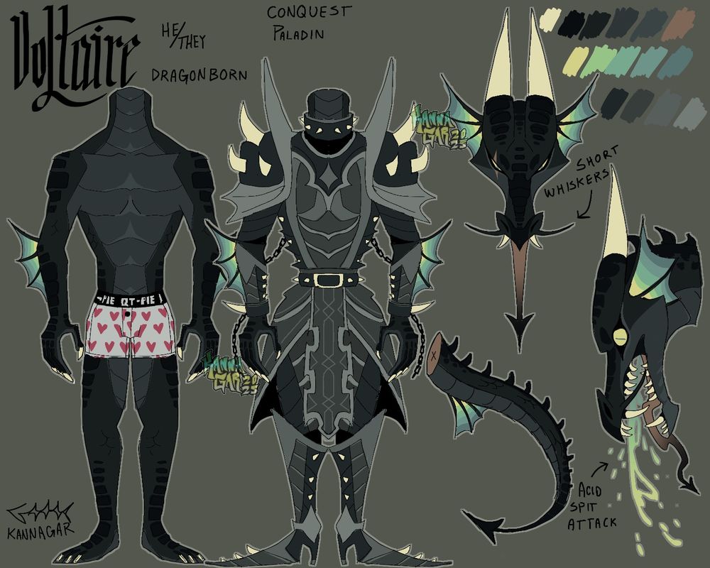 A somewhat deconstructed ref sheet of a Dragonborn character staring born character named Voltaire. A black dragon born with edgy, spiked armor. It says he is a conquest paladin. 
