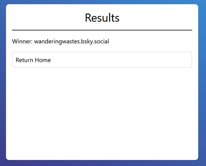 Raffle results via: https://raffle.wolfsk.in/
showing the results of the raffle drawing as wanderingwastes.bsky.social on a popup window.