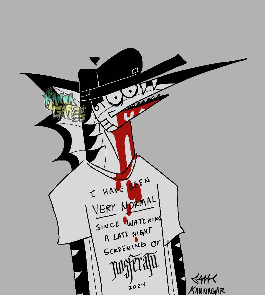 A crudely drawn image of my anthro blue marlin character, in black and white, wearing a hat and a shirt that says “I have been VERY NORMAL since watching a late night screening of Nosferatu 2024”. There is blood dripping down from the character’s mouth. 
