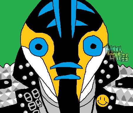 a drawing done in mspaint of my marlin fusona staring dorectly at the viewer with big round blue eyes.