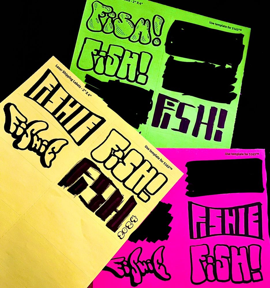 “FISH” and “FISHIE” written in various ways on a set of neon yellow, pink, and green labels 