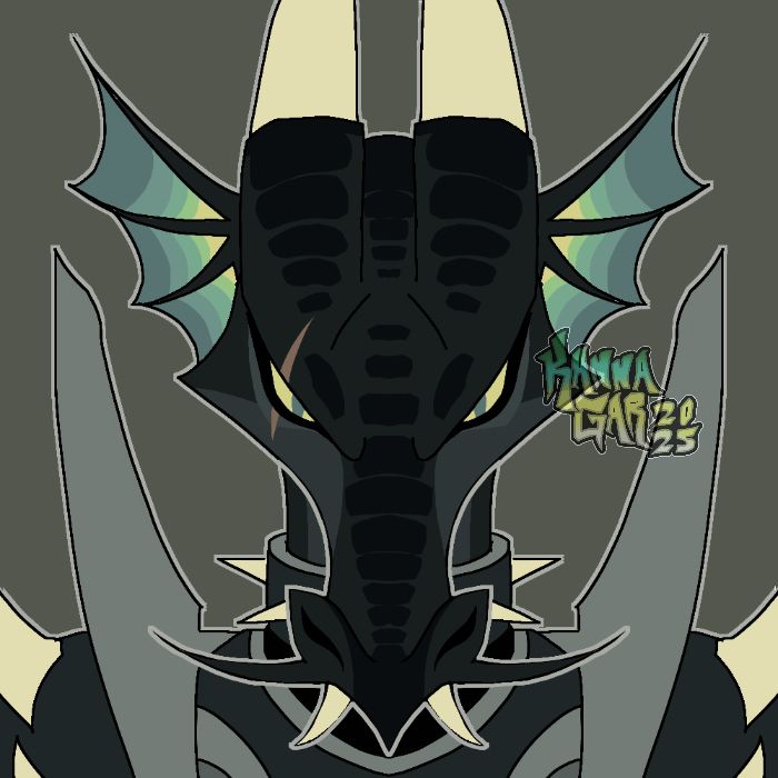 A headshot drawing of a dragonborn character staring at the viewer. 