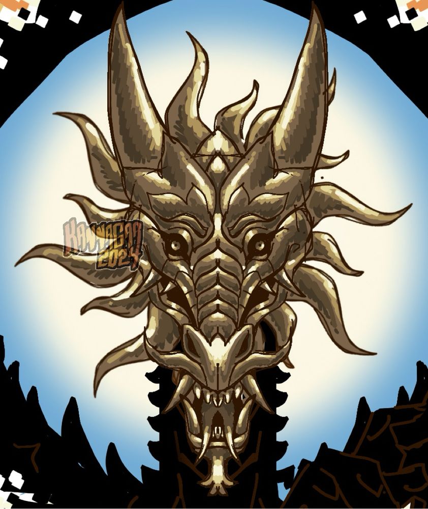 A drawing of one of my characters, who is a Sun Dragon Wizard, looking directly at the viewer. His face is a shiny gold, and his horns are meant to resemble sun rays. There is light emitting from the back of his head to a blue-ish sky behind him. There are many intricate scale details on his mask-like face.