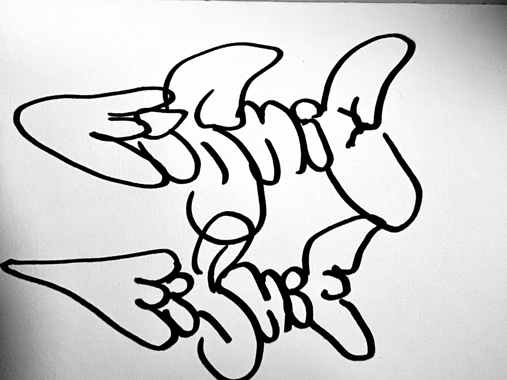 “FISHIE” written in Loose bubbly letters with a silhouette similar to a fish