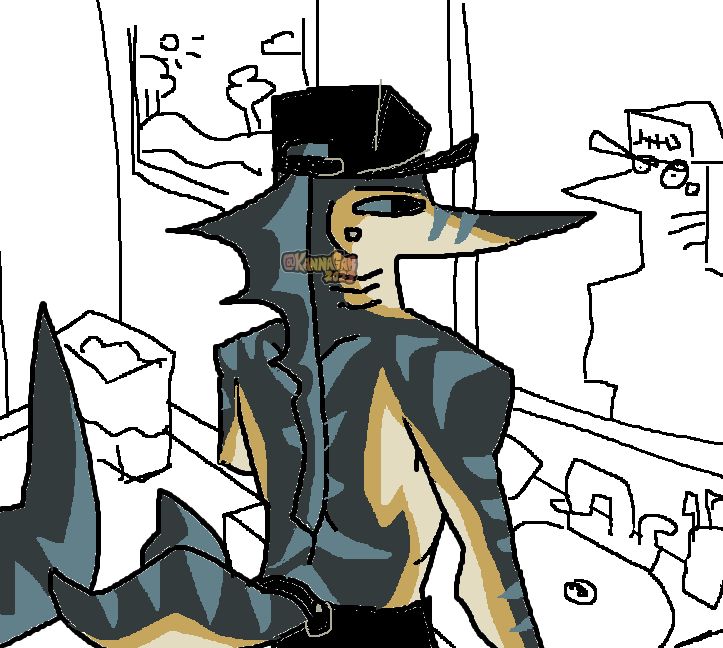 My Oc, vincent, an anthro blue marlin looks in a mirror shirtless. Most of the artwork, especially the background, is crudely drawn in mspaint