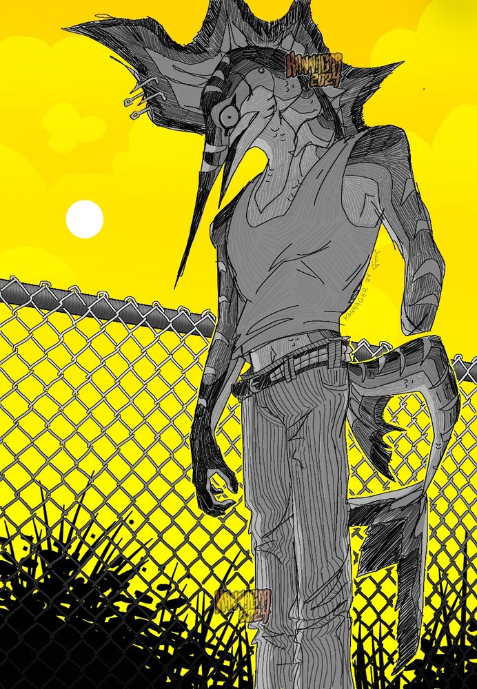 Drawing of my Blue Marlin fursona, Vinny, in greyscale with a bright yellow background. Vinny is standing in front of a chain link fence 