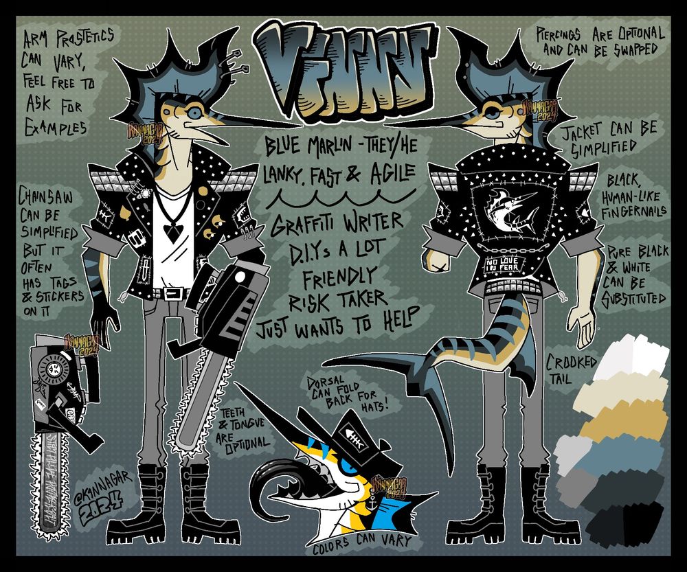 Reference sheet for my blue marlin fursona, Vinny. They sport a battle jacket, black boots and a fantasy chainsaw prosthetic