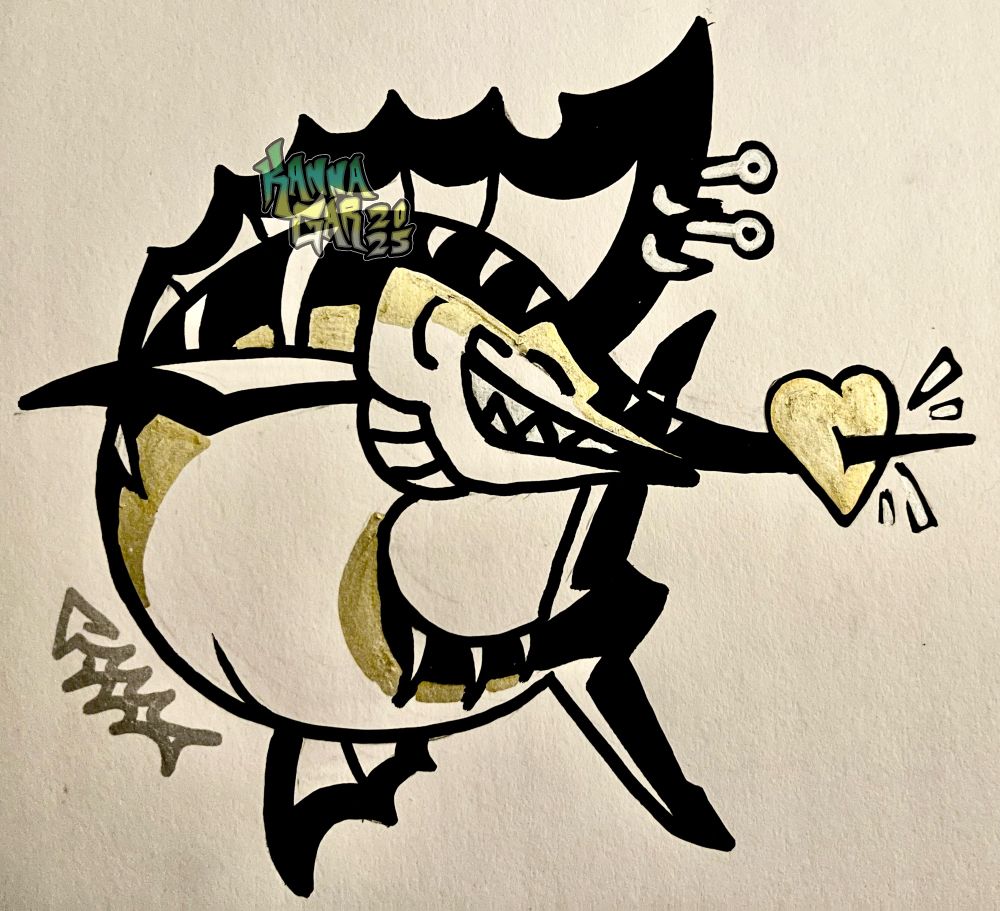 A drawing of a cartoony marlin with its bill stabbed through a gold cartoony heart. It’s drawn in black and white on paper, with metallic gold and silver details 