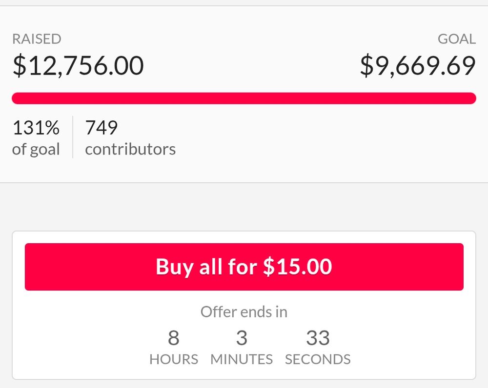 Raised $12,756.00
Goal $9,669.69
131% of goal
749 contributors
Offer ends in 8 hours 3 minutes