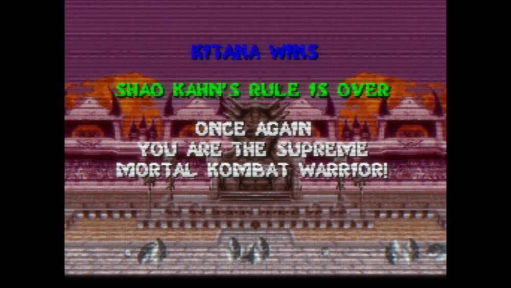 Ending screen from SNES' Mortal Kombat 2 port (1994), confirming that I am "once again... the supreme Mortal Kombat warrior"
