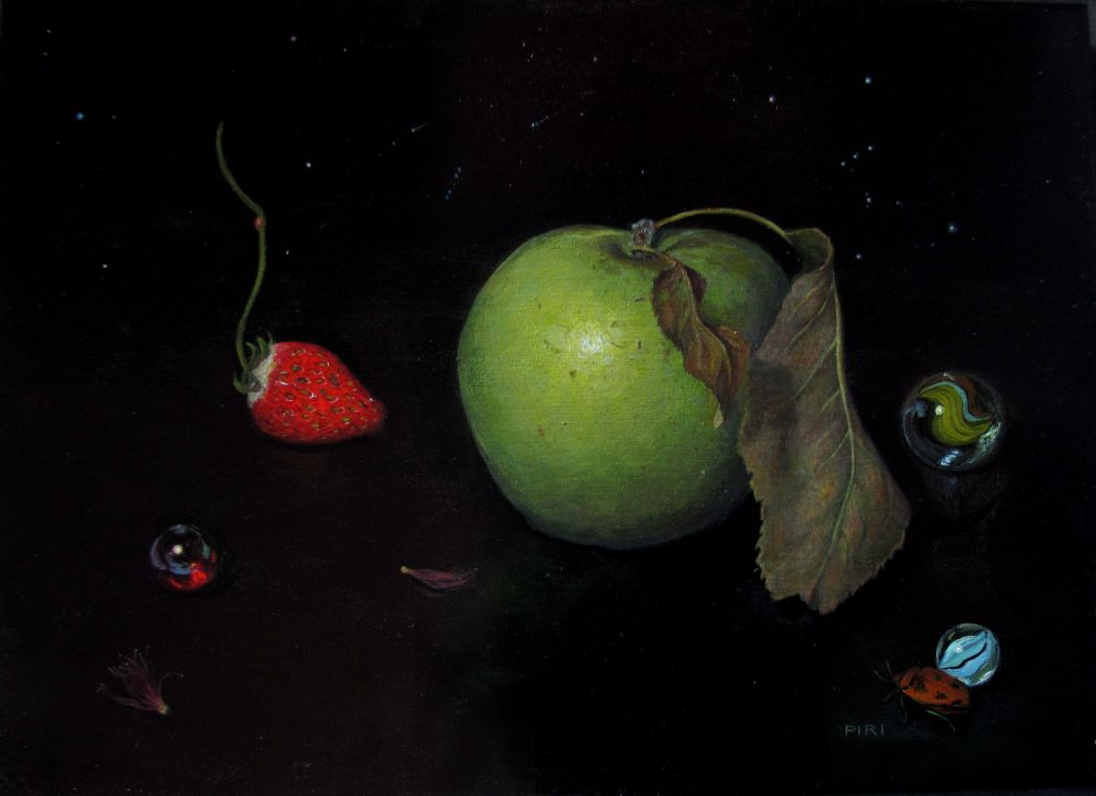 A still life painting of a green apple, strawberry , marbles and a bug, on black galaxy background.