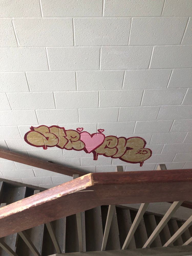 Graffiti of the name Steven with pink hearts gold letters and red outline going down a stair case