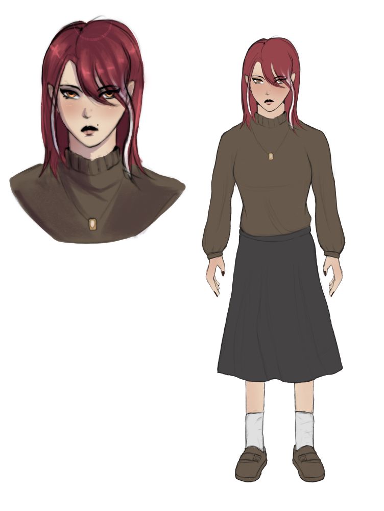 An original character I designed, named Raye Arden. She is a young woman with straight red hair with to white streaks on the sides. She is wearing a brown sweater and a longer black skirt. She has black nail polish and is also wearing a smaller golden necklace. She has orange eyes and small beauty mark near her lip.