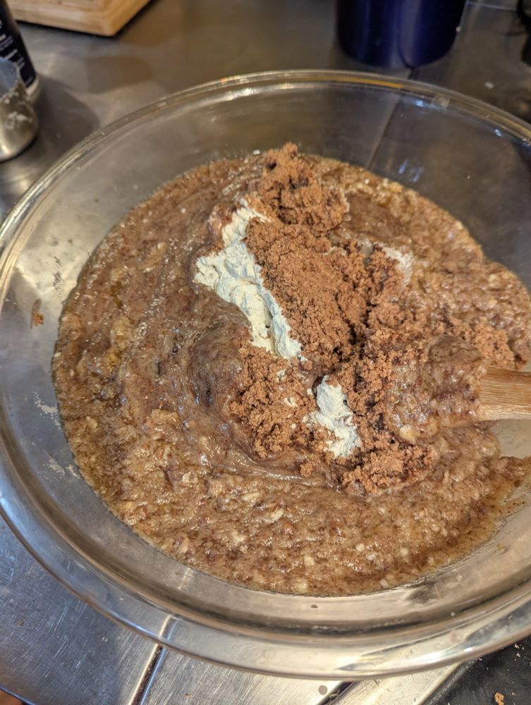 Stirring in eggs and vanilla