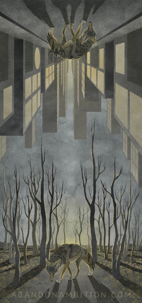 A drawing of a coyote in a forest. The trees are bare and the ground is littered with leaves. Mirrored on the top half of the drawing is the same coyote, but in a city instead of a forest.
