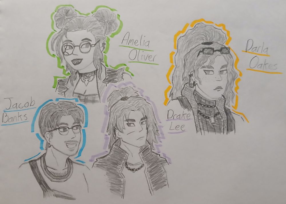 Pencil sketches of the characters Jacob Banks, Drake Lee, Amelia Oliver, and Darla Oakes from the TTRPG show Paradise Lost.