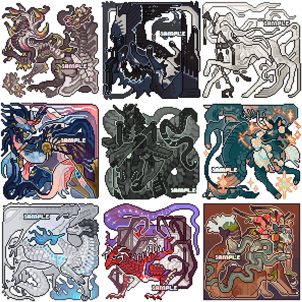 9 pieces of pixel art put together in 1 picture featuring 9 different characters.