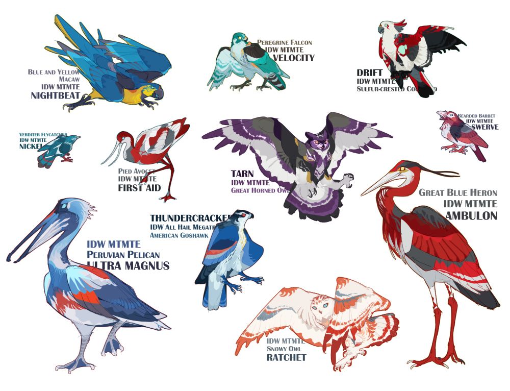 a set of IDW transformers turned into birds, character names in tags