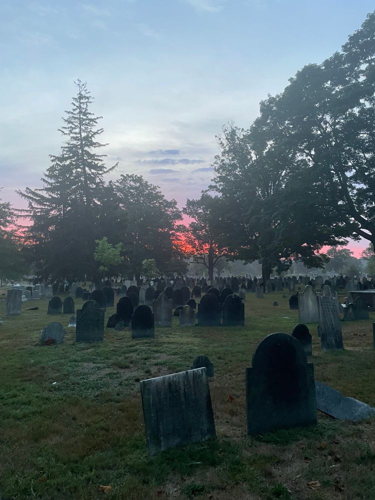 Graveyard in MA about 5:28am today. Mostly old skinny stones, a few trees. Part of the sky is orange-ish due to coming sunrise. Waaaaay in the background the air is a little hazy.