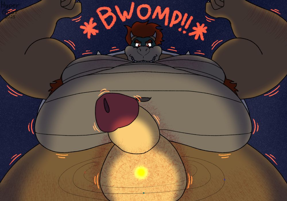 An insanely GIGANTIC Bowser, with big arms, massive pecs, a very fat belly, and a sun-dwarfing cock. He continues to grow and grow, watching the solar system get tinier and tinier as he flexes & sports a toothy grin.

"BWAHAHAHAHA! GAZE UPON MY EVER EXPANDING STATURE!"

He ain't stopping anytime soon.