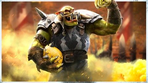 Black Orc player from Bloodbowl 3 surrounded by flames.