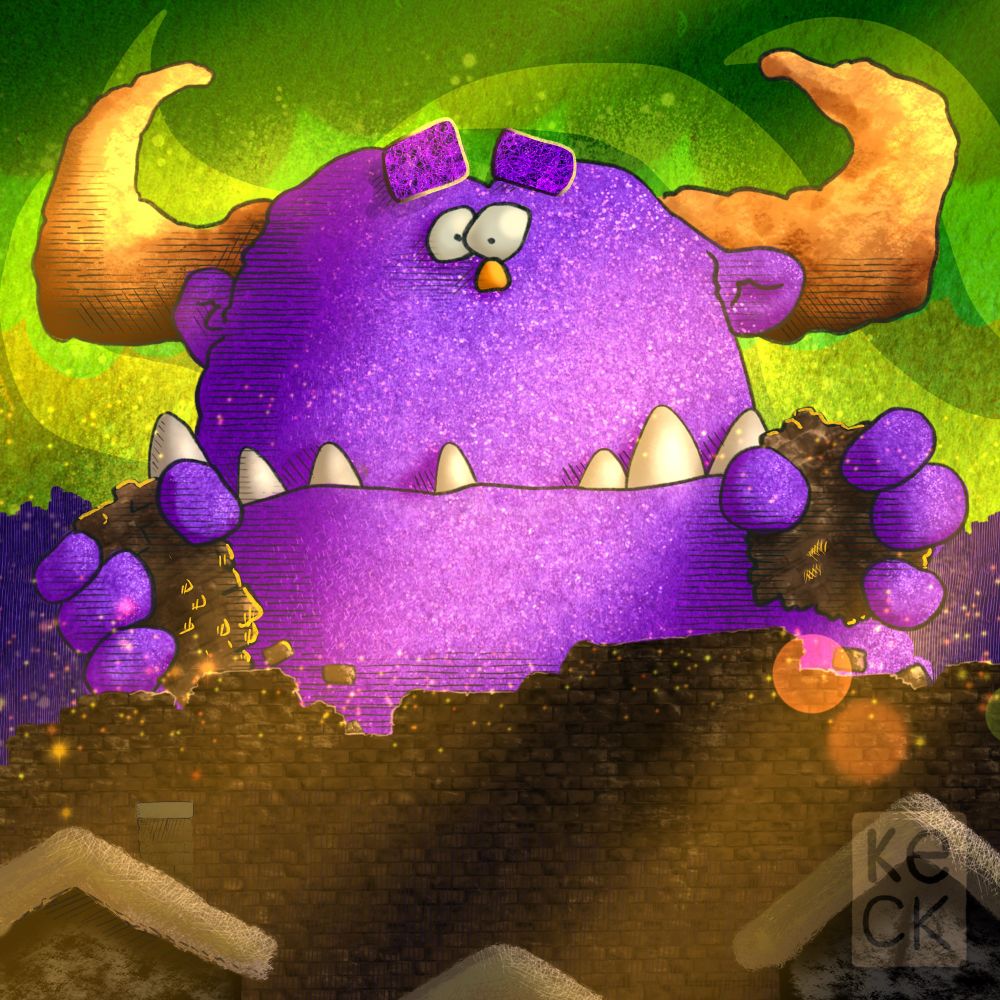 Enormous troll pauses in the middle of tearing down a village wall
