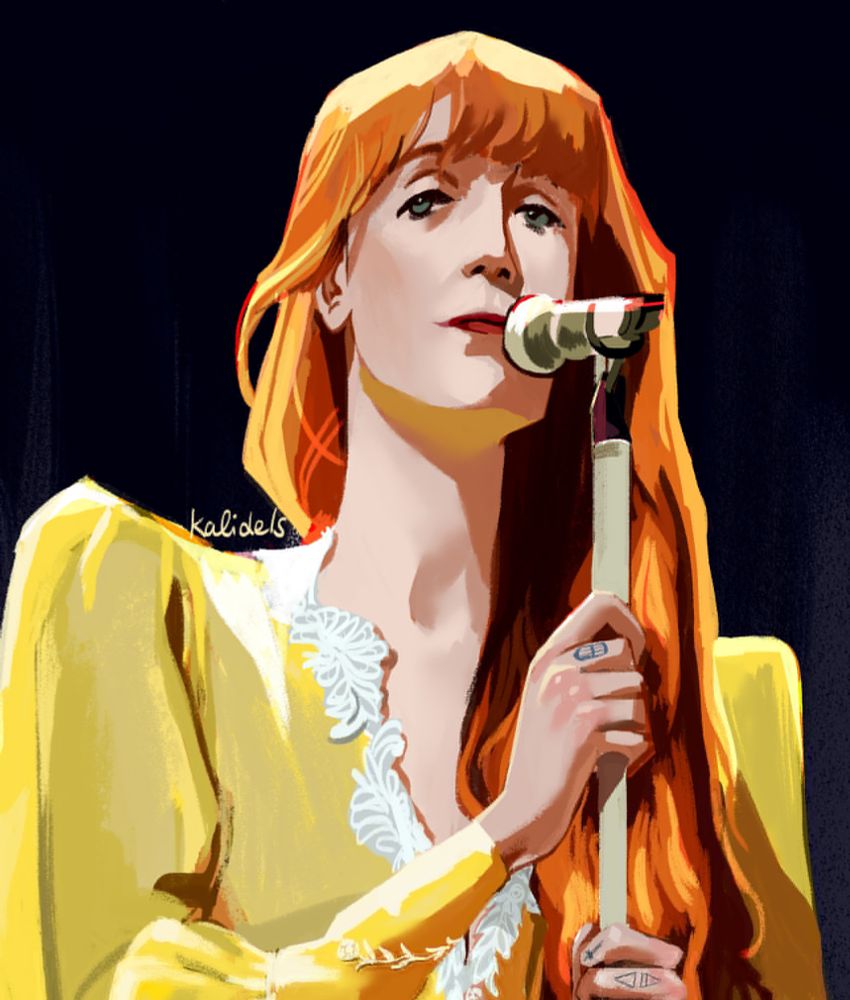 closeup of a painting of florence welch, of florence and the machine, wearing a yellow dress and clutching a microphone on a stand. drawn from reference.