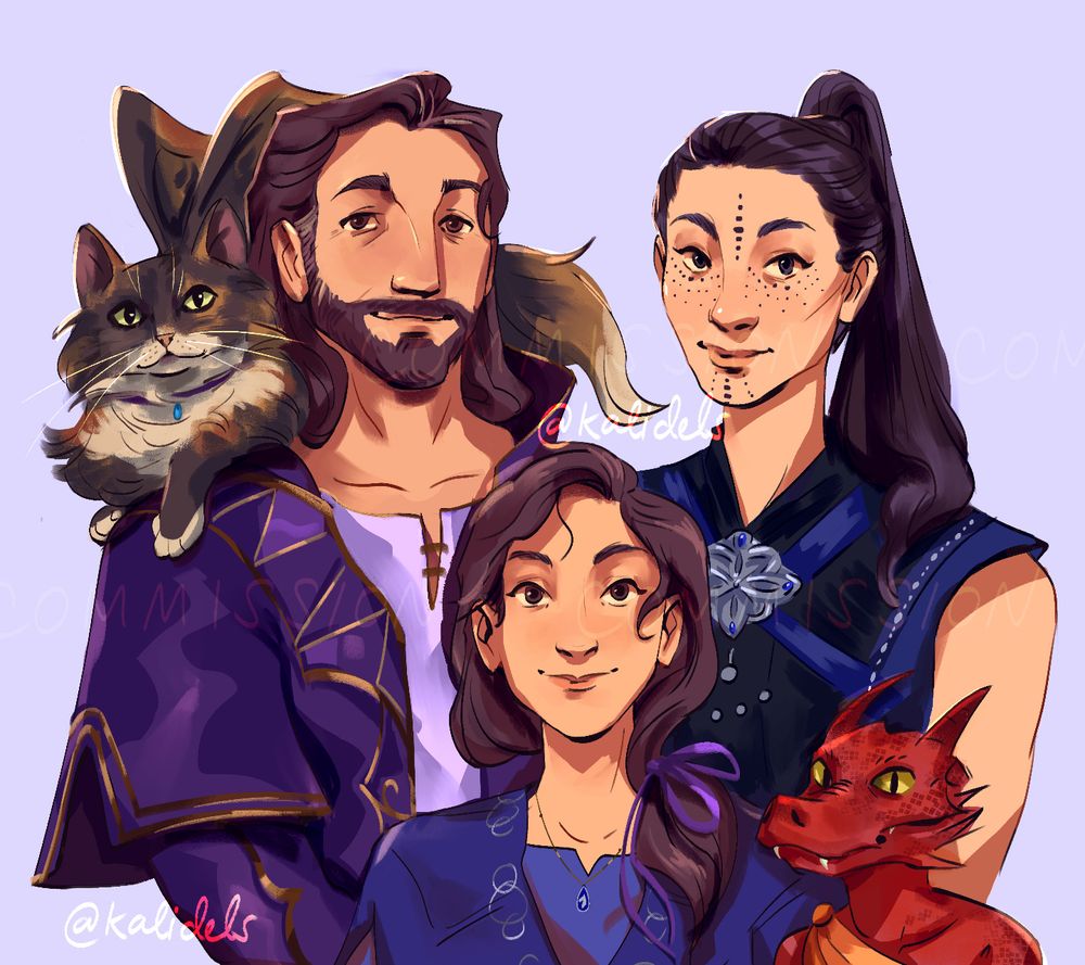 family portrait-style colored illustration featuring gale, with tara perched on his shoulder; sumi, a human monk; their daughter, celestia; and celestia's kobold familiar, zoru