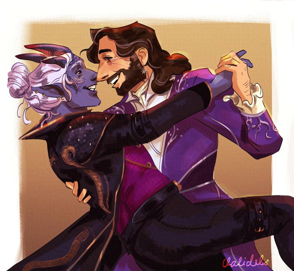 Illustration of Gale of Waterdeep dancing with a Dark Urge OC in beautiful formal clothes