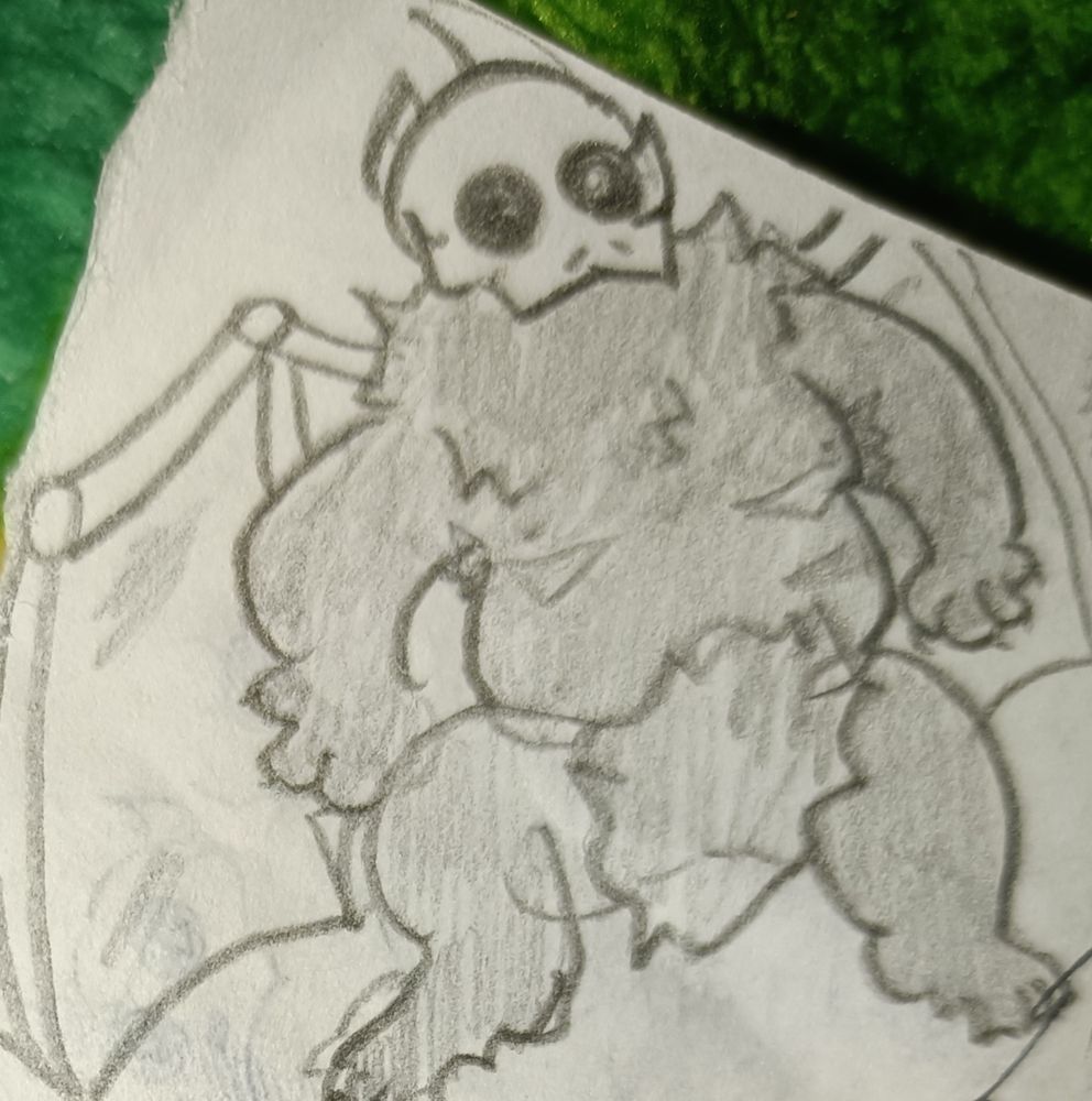 Pencil drawing of Papa Titan, specifically my weirdly oc-fied take on them. He's naked, covering his crotch with his tail.