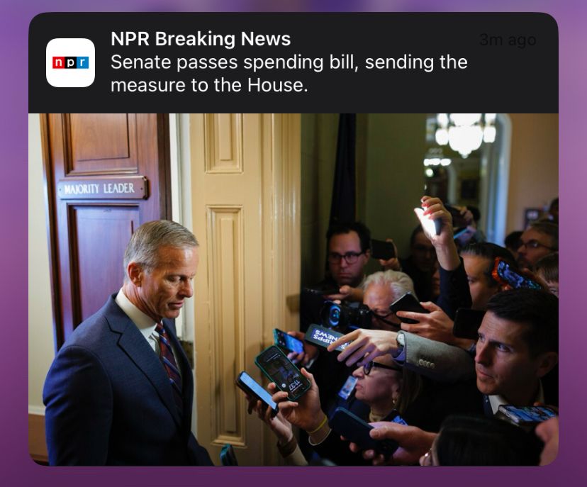 NPR Breaking News
Senate passes spending bill, sending the measure to the house. 