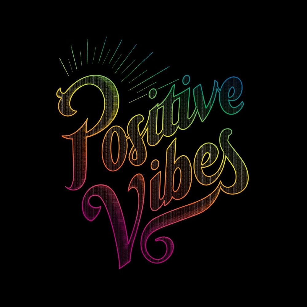 "Positive Vibes" in flourished typography, with a rainbow gradient overlay and decorative rays coming from the P, all on a black background.