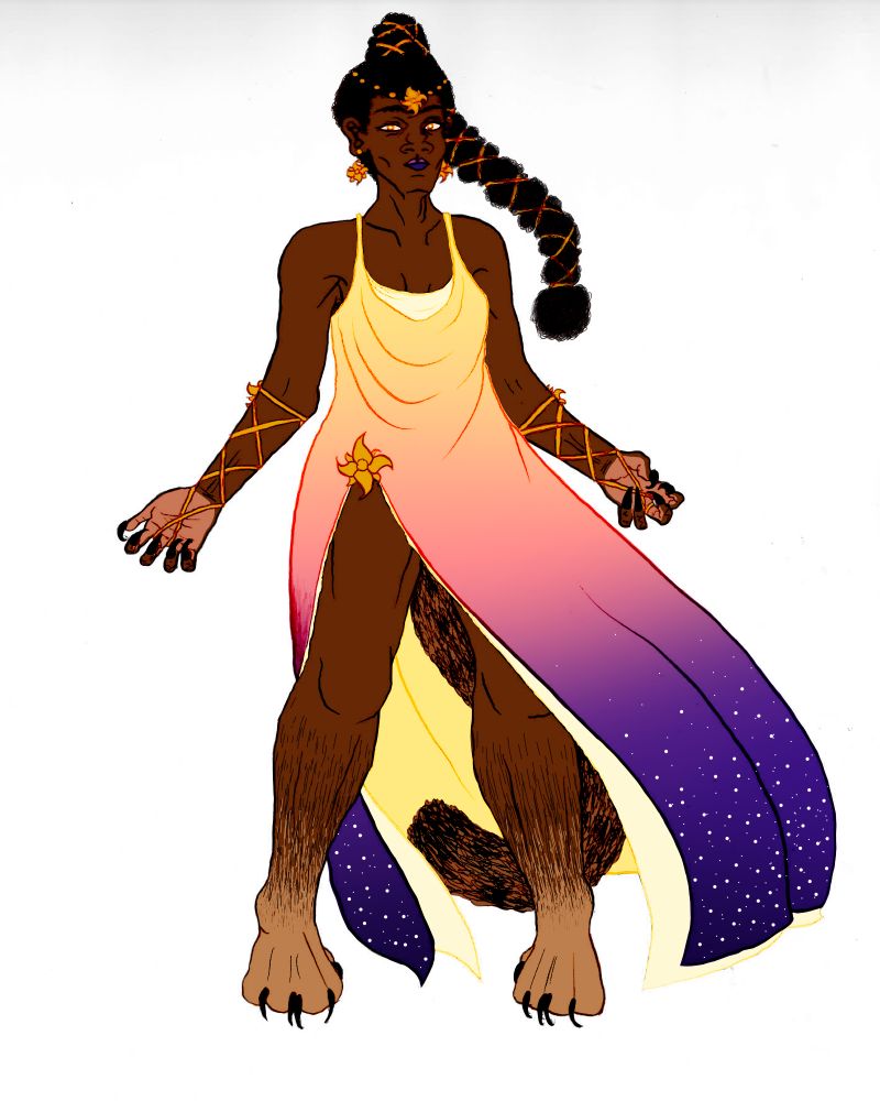 A woman wearing a sunset gradient dress with feline feet, claws, and a tail. Her textured hair is bound with gold ribbon and she wears matching sun jewelry.