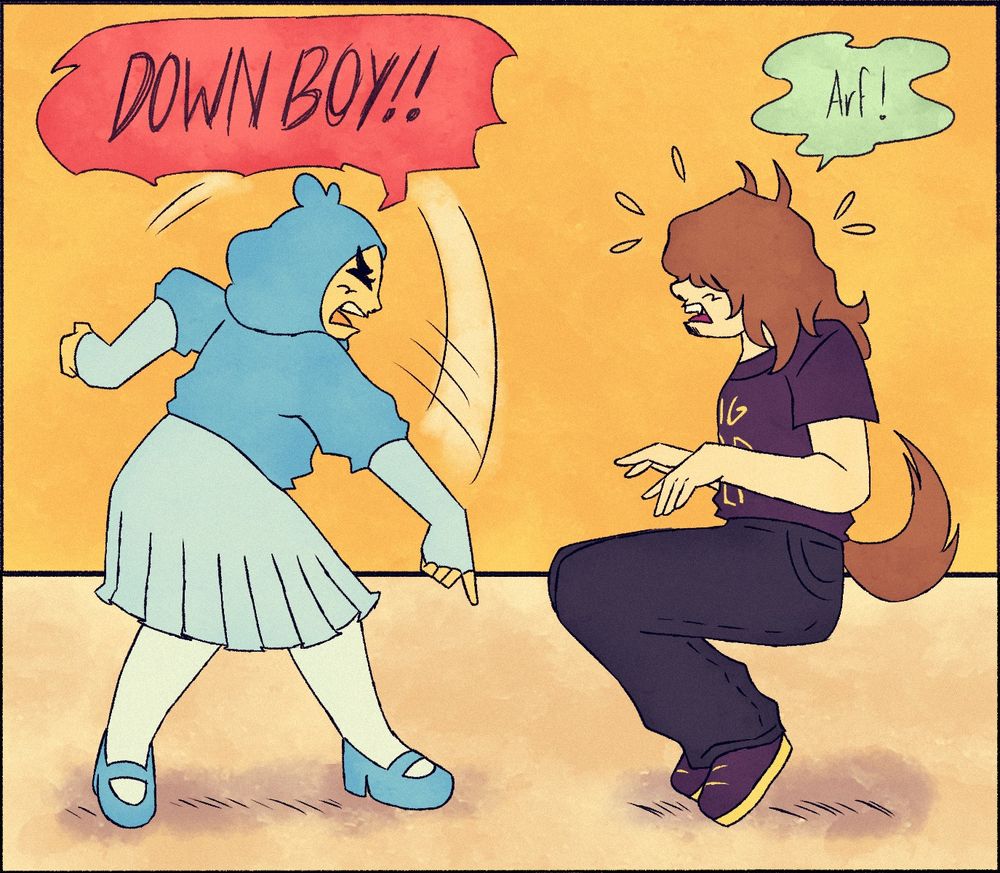 a redraw of an archie panel that got really popular on twitter, with blue (an alternate toothpaste) and big bad wolf elliot (alternate elliot). 