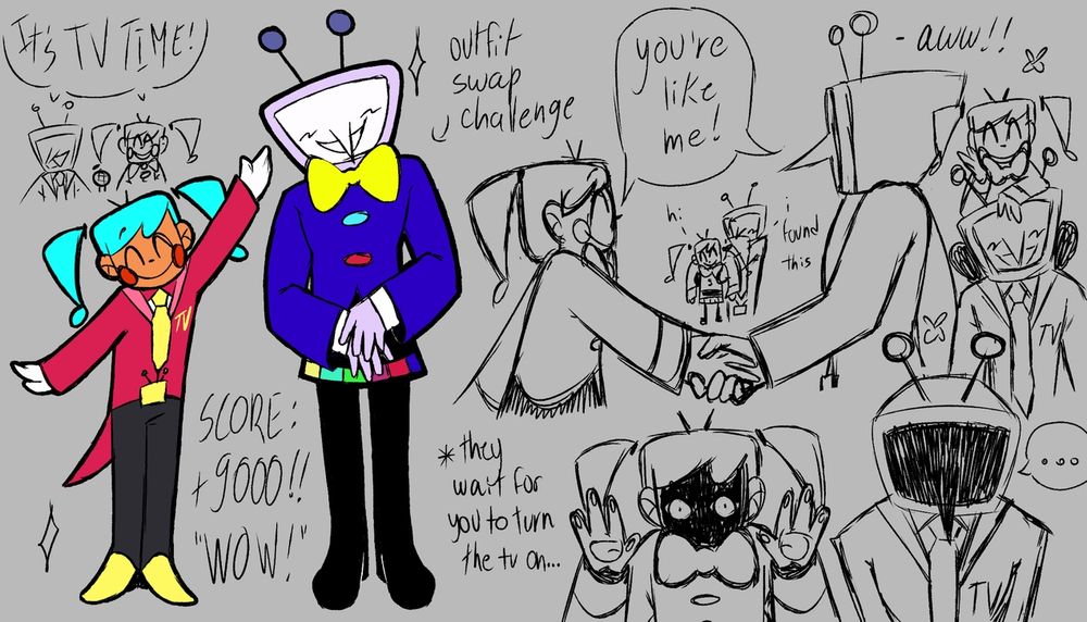 a doodle page of mr. (ant) tenna and miku from the static song by flavor foley. the colored doodle has them with their outfits swapped while the other doodles are colorless