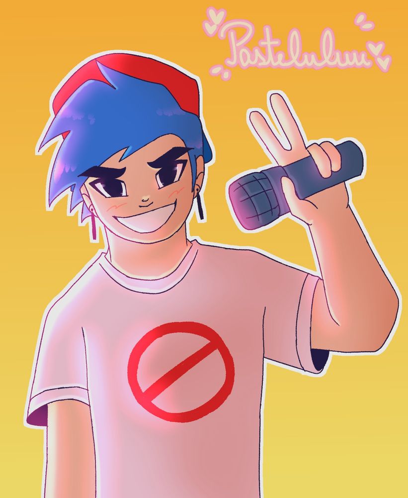 a halfbody of boyfriend from the indie game friday night funkin. he's holding a peace sign with his microphone in hand. he wears a big, confident smile. he's drawn in my art style that has more "realistic" porpotions, wearing a pair of earrings shaped like rectangles.