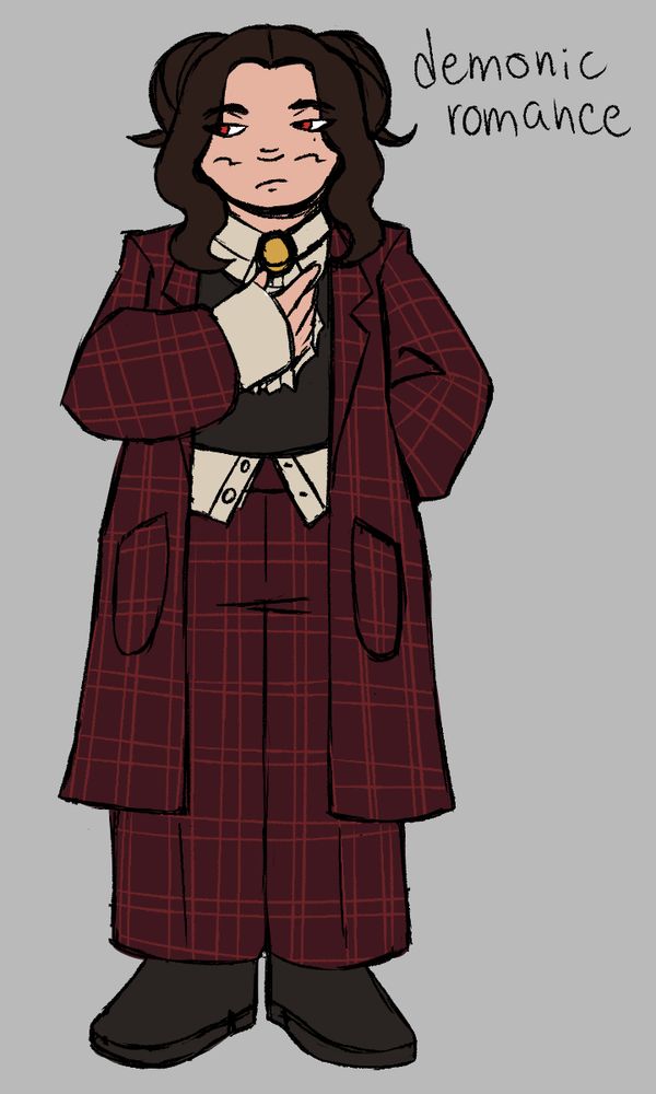 a character that stands up straight with feminine appearance. she has two buns with ends of hair sticking out, two wavy bangs frame her full face. she's looking to the side and has drooped down eyes. she wears a cream button shirt with a knitted brown top over it and high waist dark red pants with a gingham pattern of red, just like her long coat with two pockets. she wears brown shoes along with a ruffled collar adorned with a golden medal. one of her hands is behind the back, the other rests in front of her chest delicately, mostly covered by the shirt sleeve, except for the fingers.