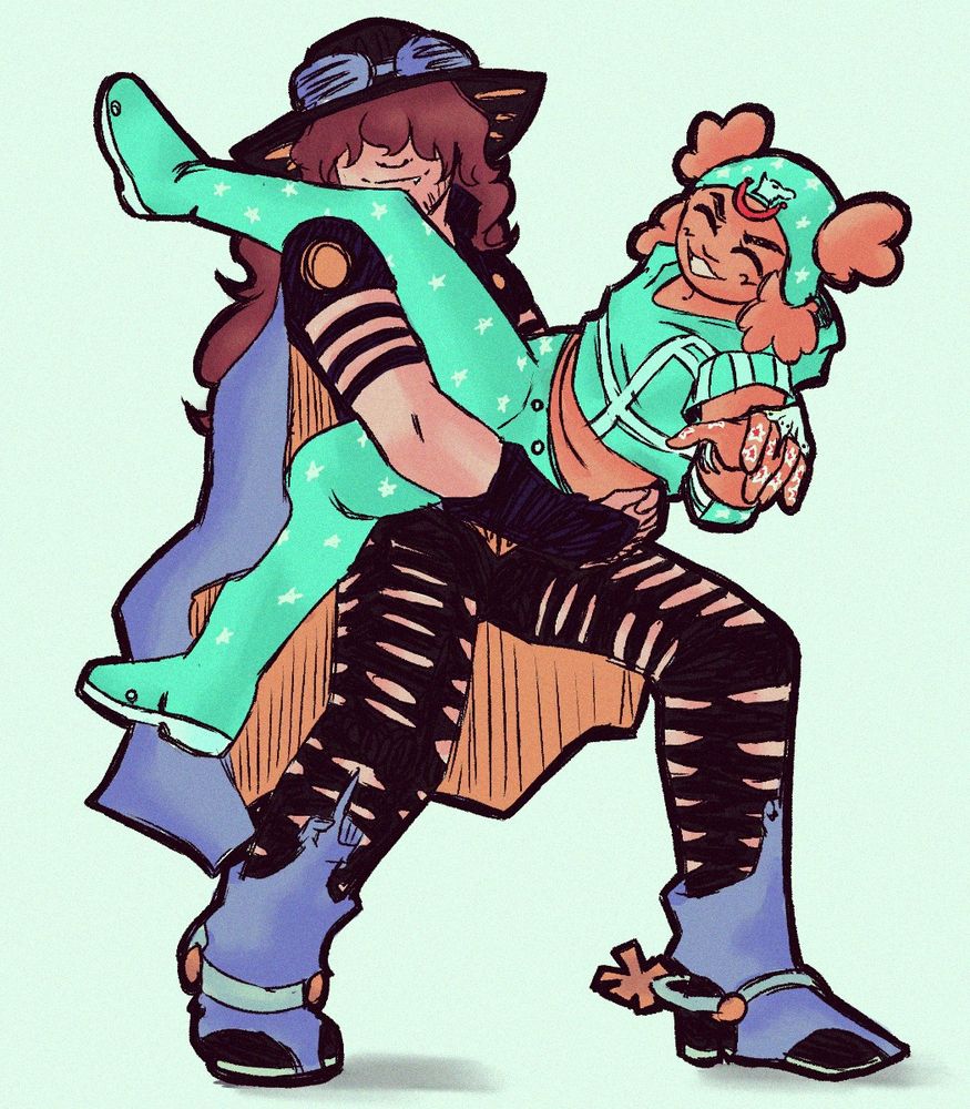 toothpaste (oc/sona) and elliot (boyfriend's sona) posing like the gyro and johnny cover for the #8 issue of ultra jump in 2005. 
they're wearing the outfits of the characters, just with a slightly altered color pallete to match theirs.